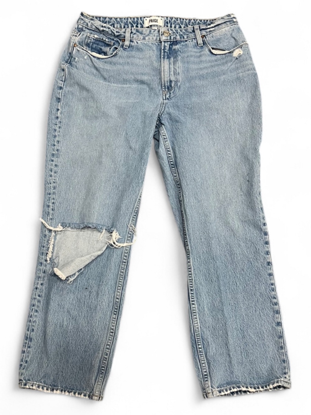 PAIGE Light Blue Distressed Straight-Leg Jeans